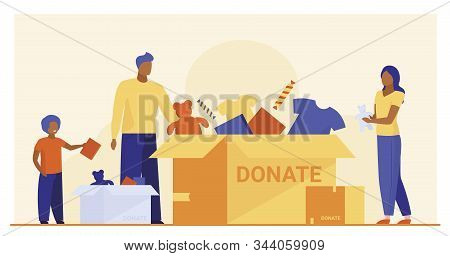 Family Packing Donation Box. Clothes And Toys For Needy People Flat Vector Illustration. Volunteerin
