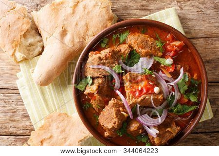 Chashushuli Is A Traditional Georgian Beef Stew With Tomato Sauce Close-up In A Bowl. Horizontal Top