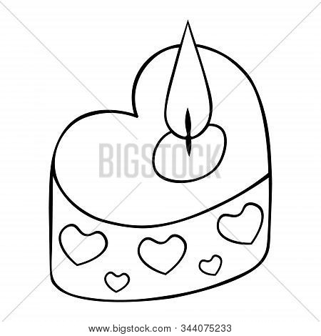 Heart Shaped Candle With Ornament. Relaxing Atmosphere. Hot Flame. Contour On A White Isolated Backg