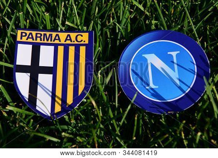 September 6, 2019, Turin, Italy. Emblems Of Italian Football Clubs Parma And Napoli Naples On The Gr
