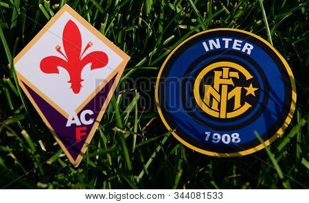 September 6, 2019, Turin, Italy. Emblems Of Italian Football Clubs Internazionale And Fiorentina Flo