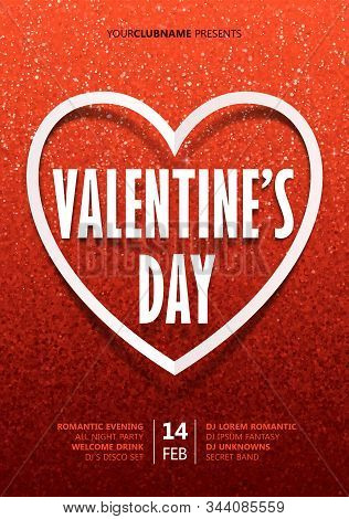 Valentines Day Vector Poster Design Template With Paper Style Sign And Heart Frame On Red Glitter Ba
