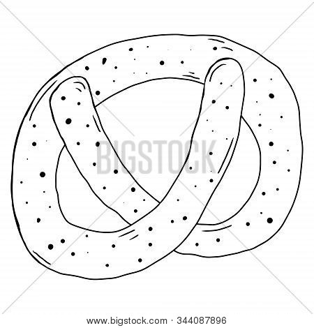 Doodle Pretzel, Contour Hand Drawing. Black And White Illustration Isolated On White Background. Out