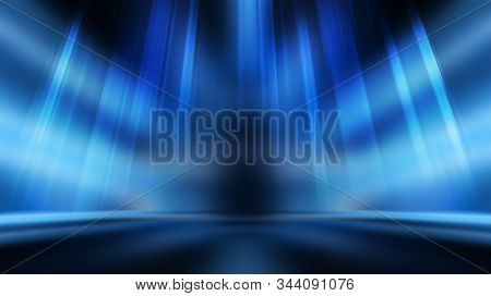 Background Of Empty Show Scene. Empty Dark Modern Abstract Neon Background. Glow Of Neon Lights On A