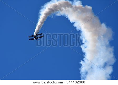 Little  Gransden,  Cambridgeshire, England - August 25, 2019:  Pitts Model 12  Stunt Byplane Perform