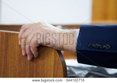 Hand Of An Elderly Man In A Formal Business Suit, Conference Participant Or College Teacher. Close-u