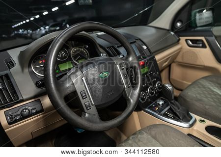 Novosibirsk, Russia - November 01, 2019:  Land Rover Freelander , Black Luxury Car Interior - Dashbo