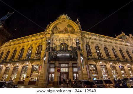 Prague, Czechia - November 2, 2019: Facade Of Obecni Dum At Night In Prague. Obecni Dum, Or Municipa