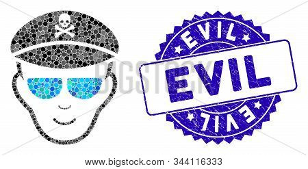 Mosaic Evil Soldier Face Icon And Rubber Stamp Seal With Evil Phrase. Mosaic Vector Is Designed With
