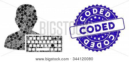 Mosaic Coder Icon And Rubber Stamp Seal With Coded Phrase. Mosaic Vector Is Designed From Coder Pict