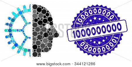 Mosaic Cyborg Head Icon And Corroded Stamp Watermark With 1000000000 Text. Mosaic Vector Is Created 
