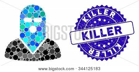 Mosaic Masked Killer Icon And Distressed Stamp Seal With Killer Text. Mosaic Vector Is Formed From M