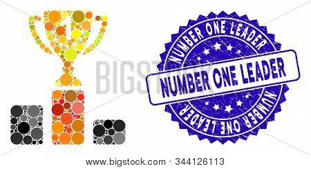 Mosaic First Place Cup Icon And Grunge Stamp Watermark With Number One Leader Text. Mosaic Vector Is