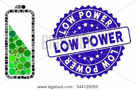 Mosaic Battery Level Icon And Rubber Stamp Watermark With Low Power Caption. Mosaic Vector Is Formed