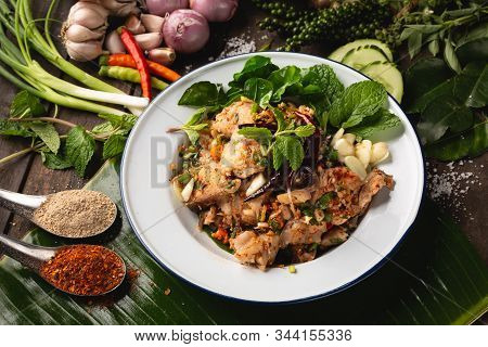 [thai Esan Food] Spicy Minced Fish Salad, Thai Esan Local Food, Thailand