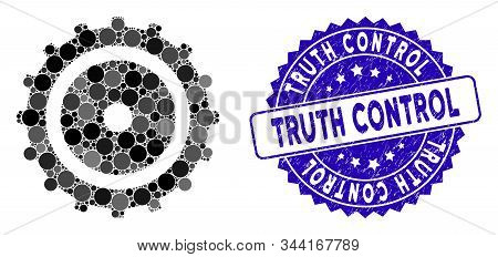 Mosaic Cog Wheel Icon And Distressed Stamp Seal With Truth Control Text. Mosaic Vector Is Formed Wit