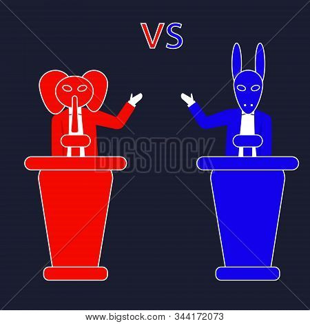 Democratic Emblem And Republican Sign Against Each Other Debate, Election, Politics Red And Blue, El