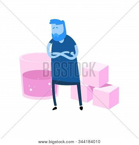 Cartoon Man With His Arms Crossed In Front Of Glass Of Soda And Sugar Cubes. High-sugar Food Danger.