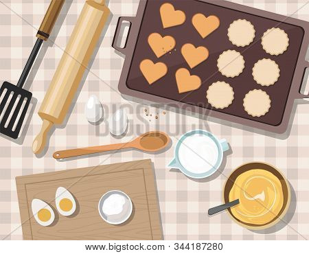 Baking Utensils And Cooking Ingredients For Cookies And Pastry. Top View. Sugar, Eggs And Spices. Va