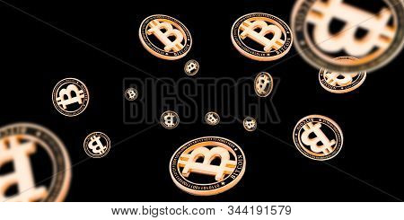 Bitcoin Wallet. Gold Falling Cryptomoney Isolated On Dark. Litecoin, Ethereum Cryptocurrency Backgro