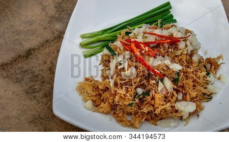 Asian Eating Food, Mee Grob Is An Sweet And Sour Crispy Noodles, Made From Thai Rice Noodle With Swe