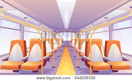 Empty Bus Interior With Orange Seats. Vector Cartoon Passenger Cabin Of Public City Transport With C