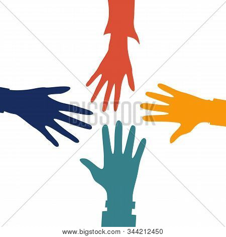 Helping Hands Concept. Four Colorful Hands Outstretched To Each Other. Flat Style. Vector Illustrati