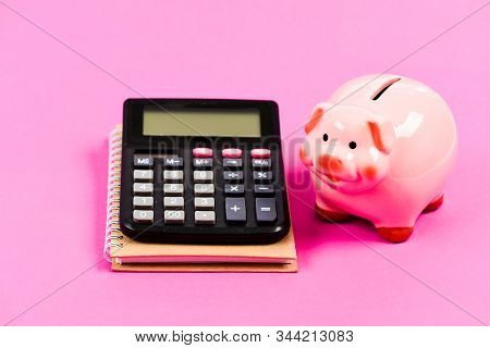 Trading Exchange. Trade Market. Finance Control. Credit Concept. Calculate Profit. Piggy Bank Pink P