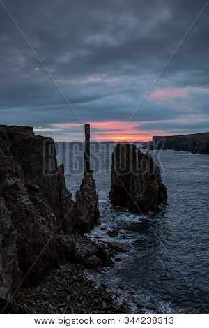 Beautiful Seascape Of A Rocky Atlantic Ocean Coast During A Cloudy Sunrise. Taken In Spillars Cove, 