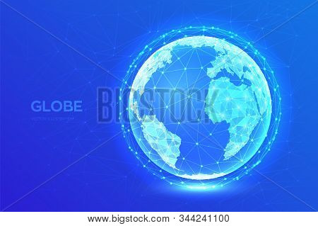 Earth Globe Illustration. Abstract Polygonal Planet. Low Poly Design. Global Network Connection. Blu