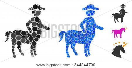 Centaur Mosaic Of Spheric Dots In Various Sizes And Color Hues, Based On Centaur Icon. Vector Circle