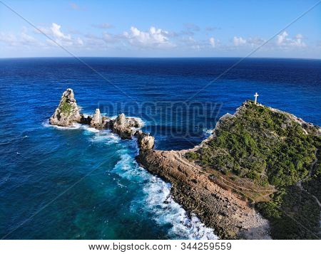 Guadeloupe Chateaux Rocks Drone View. Pointe Des Colibris Landscape Aerial View.