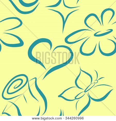 Vector Seamless Pattern With Sketch Elements. Rose, Butterfly, Flower And Heart On Yellow Background