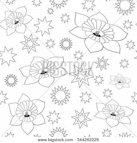 Vector Seamless Pattern With Floral Elements. Flowers And Elements Drawn By Lines. Sketch Vector Sea