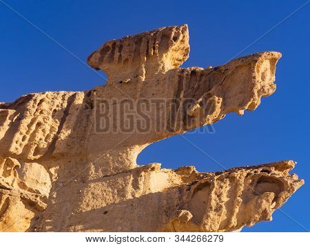 Tourist Attraction In Region Of Murcia, Spain. Enchanted City Of Bolnuevo, Natural Yellow Sandstone 