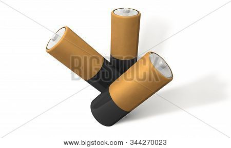 3d Rendering,mock Up Of Realistic Three Battery On Black Gold Shiny Texture, With Empty Space, Isola