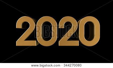 3d Rendering,happy New Year2020 Type Face,gold Number With Shiny Reflection, Isolated On Black Backg