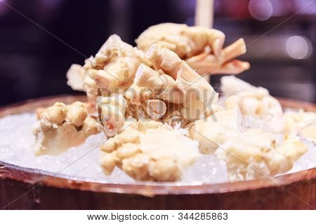 Selective Focused Steamed Seafood From Sea Market, Fresh Tasty Appetizing Cooked Snow Crab On Ice Ba
