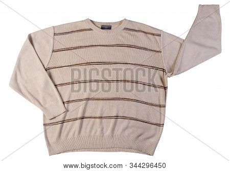 Knitted Hakki Brown Beige Color Sweater With A Zipper Isolated On A White Background. Mens Sweater U
