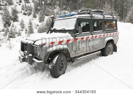NATIONAL PARK RETEZAT, ROMANIA, `4 DECEMBER, 2019: Salvamont rescue car in the outdoors, Retezat Mountains, Romania, Europe