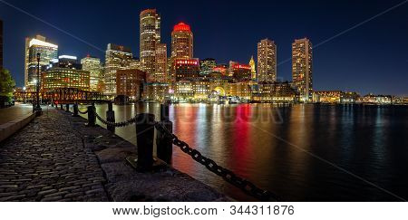Night View Of A Modern Downtown City During Night Time. Taken In Fan Pier Park, Boston, Massachusett