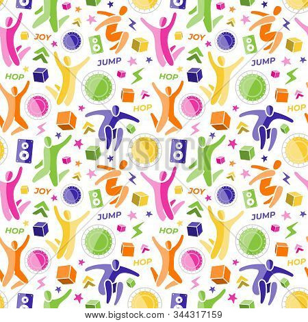 Repeating Seamless Pattern, Swatch. Set Of Icons: Jumping People, Top View Trampoline, Sound Speaker