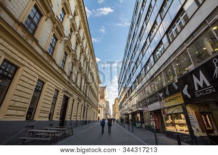 Brno, Czechia - November 5, 2019: Crowd Of People Walking In A Pedestrian Street Of Brno, Postovska 