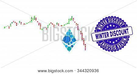 Mosaic Ethereum Falling Chart Icon And Grunge Stamp Seal With Winter Discount Text. Mosaic Vector Is