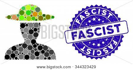 Mosaic Farmer Person Icon And Distressed Stamp Watermark With Fascist Caption. Mosaic Vector Is Crea