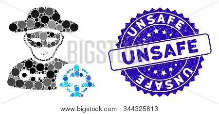Mosaic Social Hacker Icon And Corroded Stamp Seal With Unsafe Phrase. Mosaic Vector Is Designed From