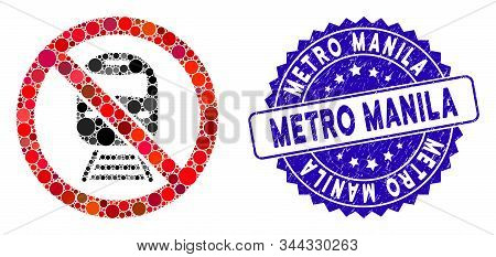 Mosaic No Train Icon And Distressed Stamp Seal With Metro Manila Text. Mosaic Vector Is Formed With 