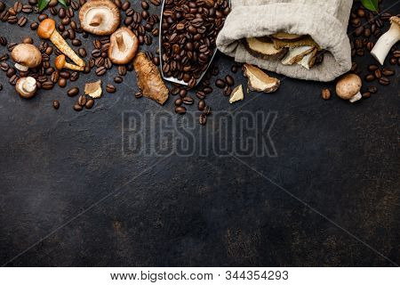 Mushroom Chaga Coffee Superfood Trend-dry and fresh mushrooms and coffee beans on dark background