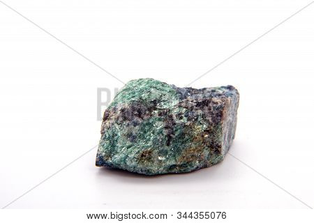 Ruby Corindone In Green Fuchsite Monolith Specimen Mineral Stone On White Background
