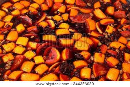 Mulled Wine Background Texture. Mulled Wine Is Cooked In A Large Pot.